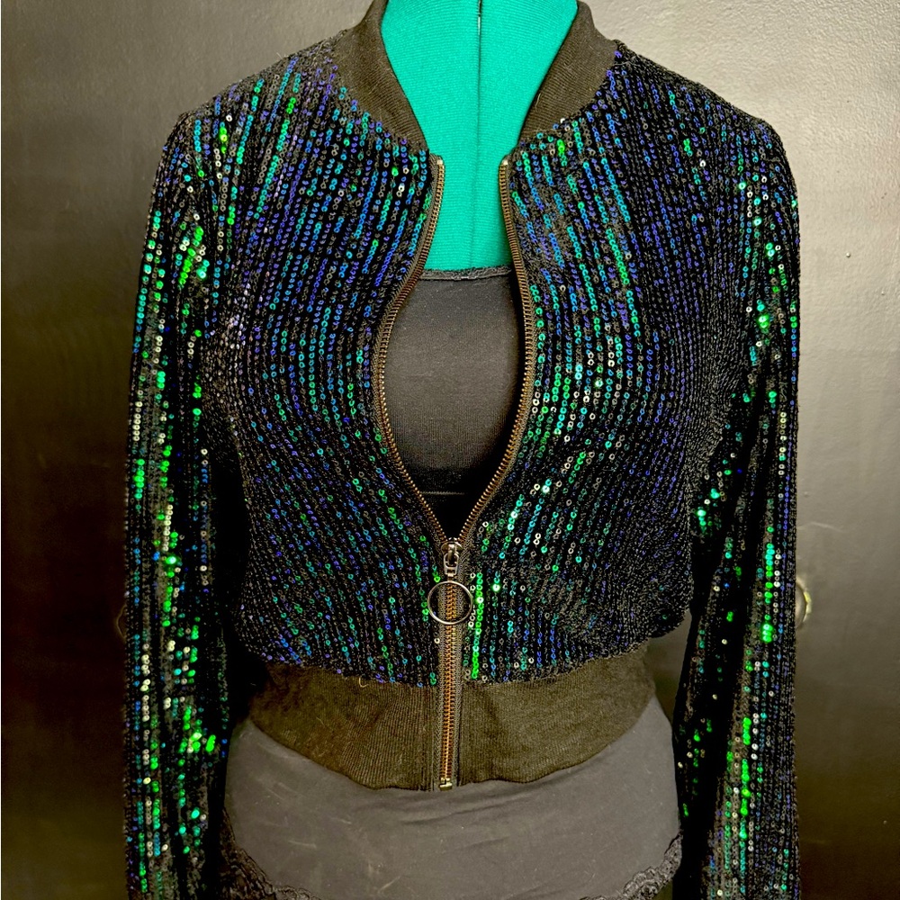 Allegra K black crop zip jacket with blue/green sequins